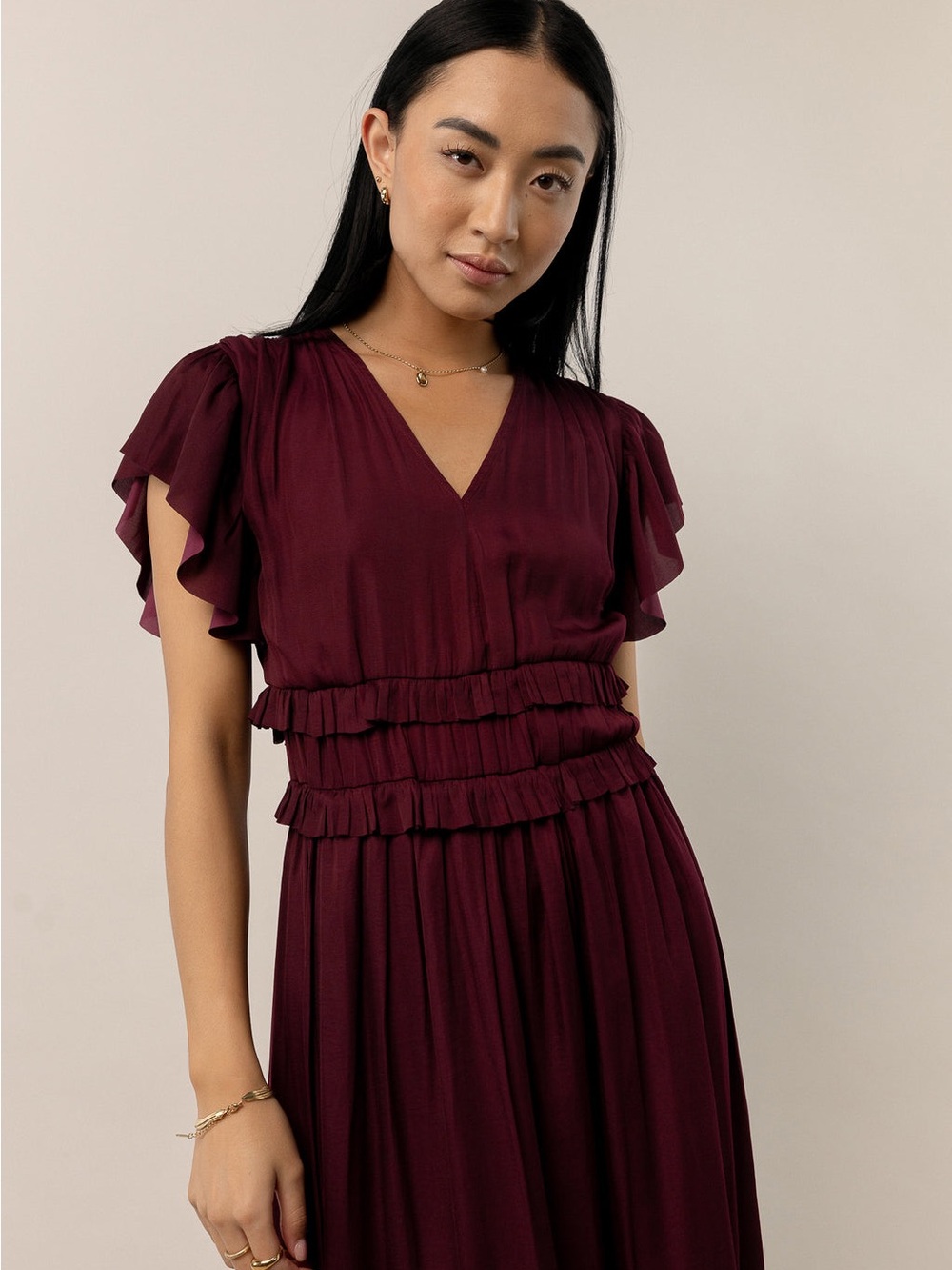 Bohme Maroon Ruffle Willa Midi Dress features a V-neckline and tiered skirt. L - Picture 3 of 12
